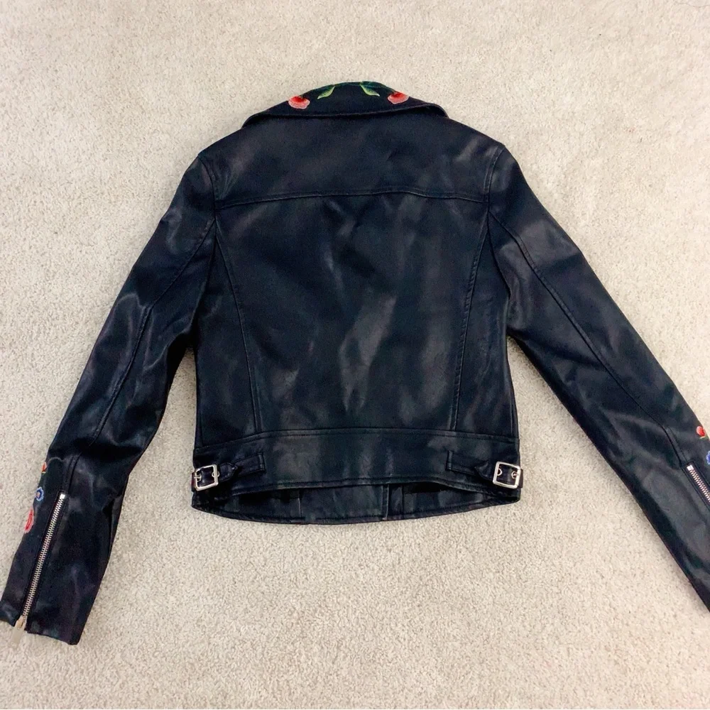 Floral Embroidered Black Faux Leather Biker Jacket - Picture 8 of 10
